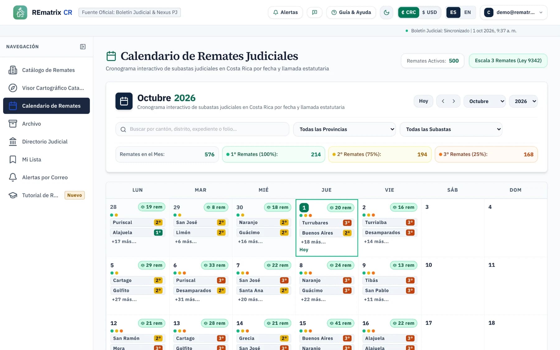 El calendario de remates del mes, con los remates de cada día contados por primera, segunda y tercera convocatoria