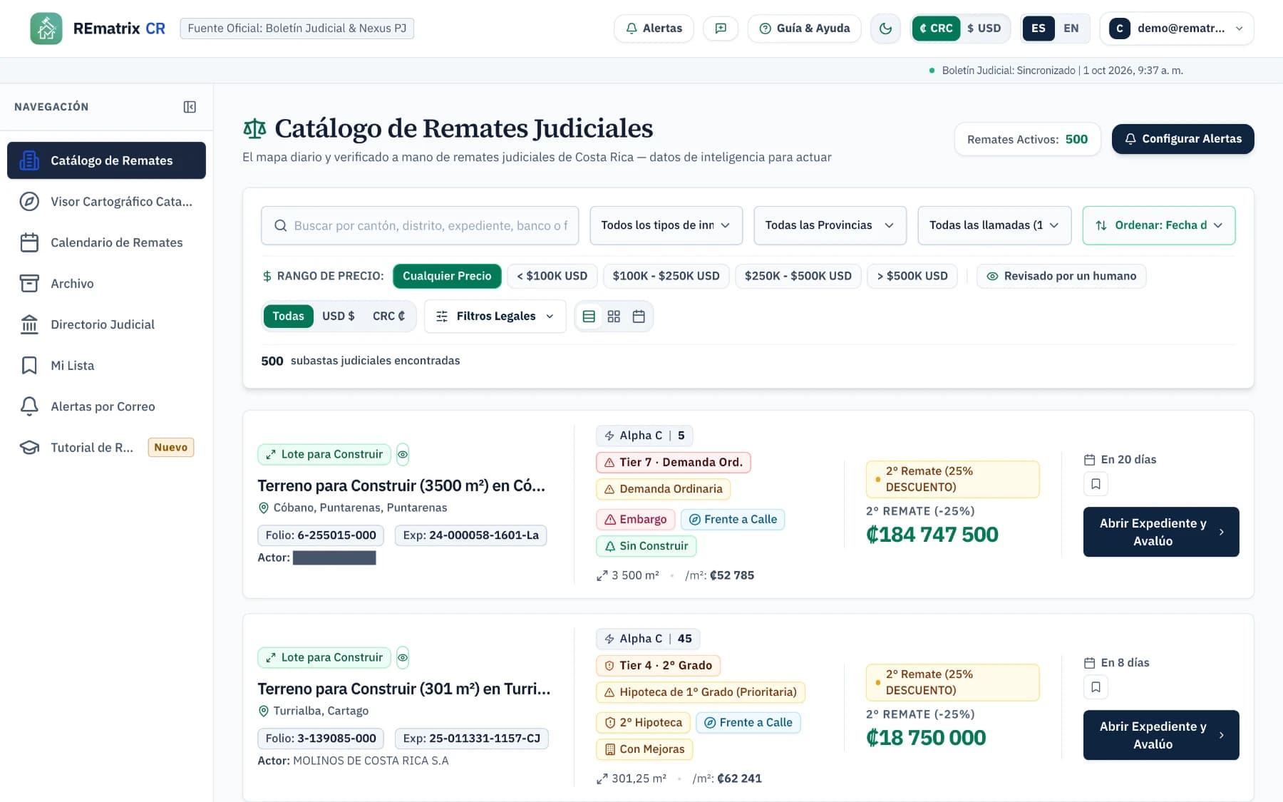 El catálogo de remates con filtros por tipo de propiedad, provincia, convocatoria y rango de precio, y fichas con alertas legales y la base vigente