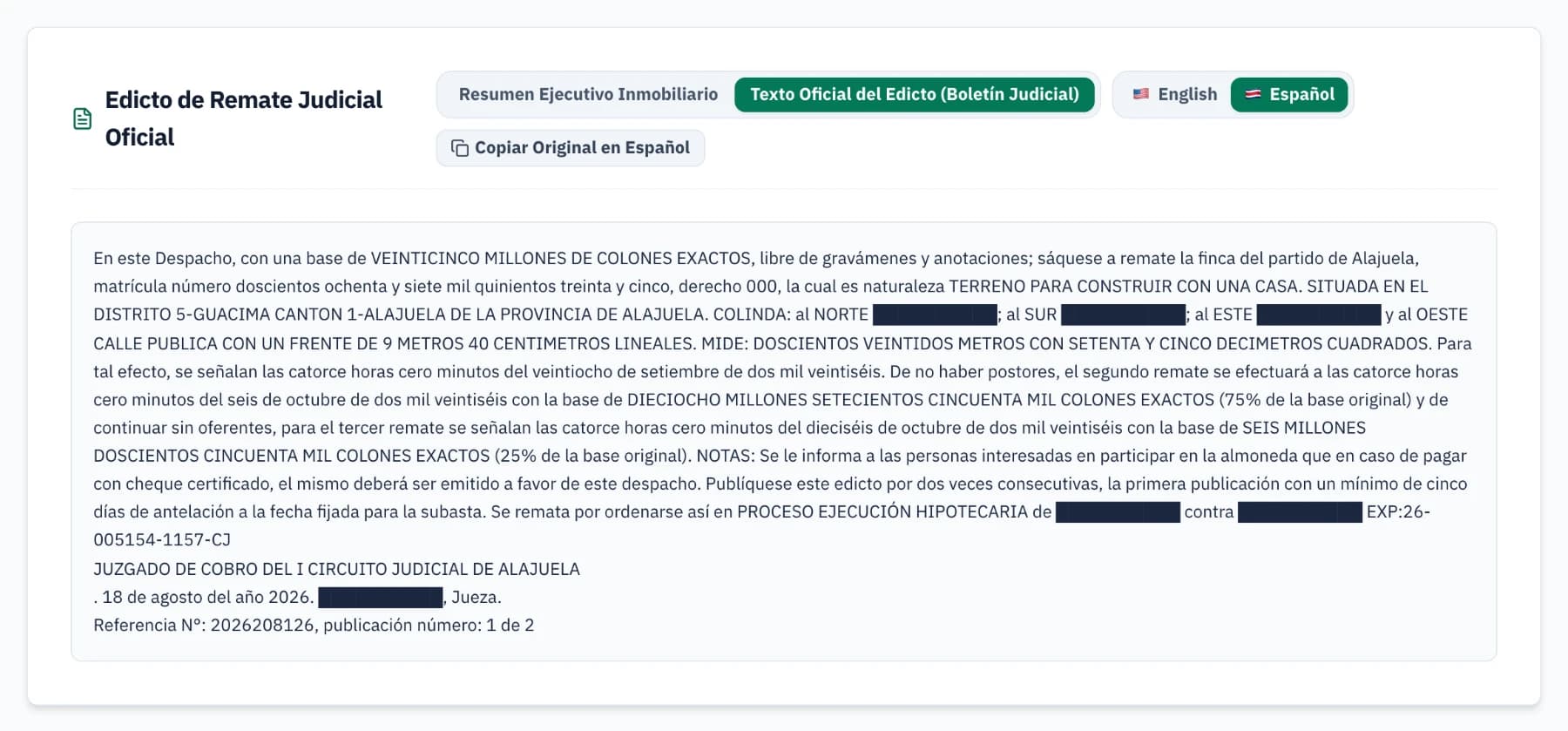 Un edicto judicial oficial en REmatrixCR, con el texto íntegro publicado en el Boletín Judicial
